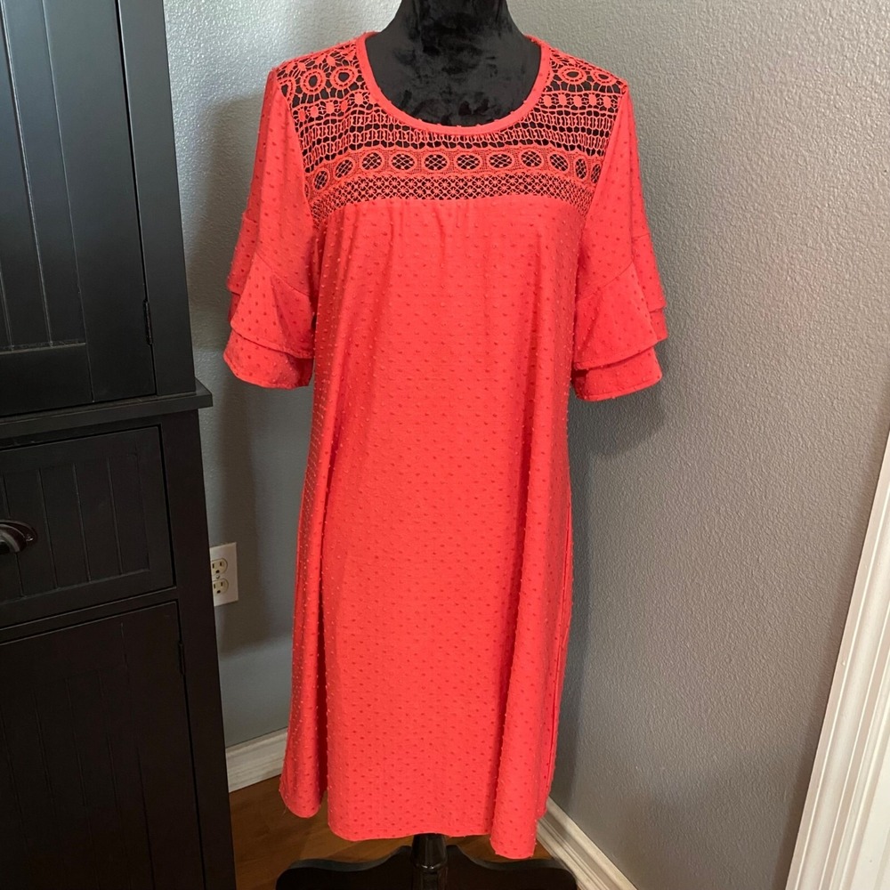 Spense Crochet Yoke Dress Womens XL Guava Ruffle Sleeve Casual Boho Summer